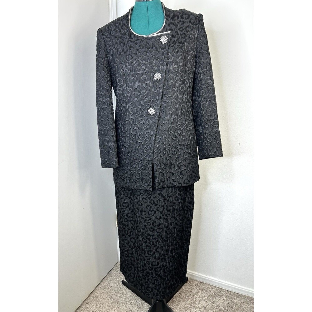 Moshita Couture Women’s Blazer Skirt Suit Sz 10 Black Cheetah Rhinestone 2PC